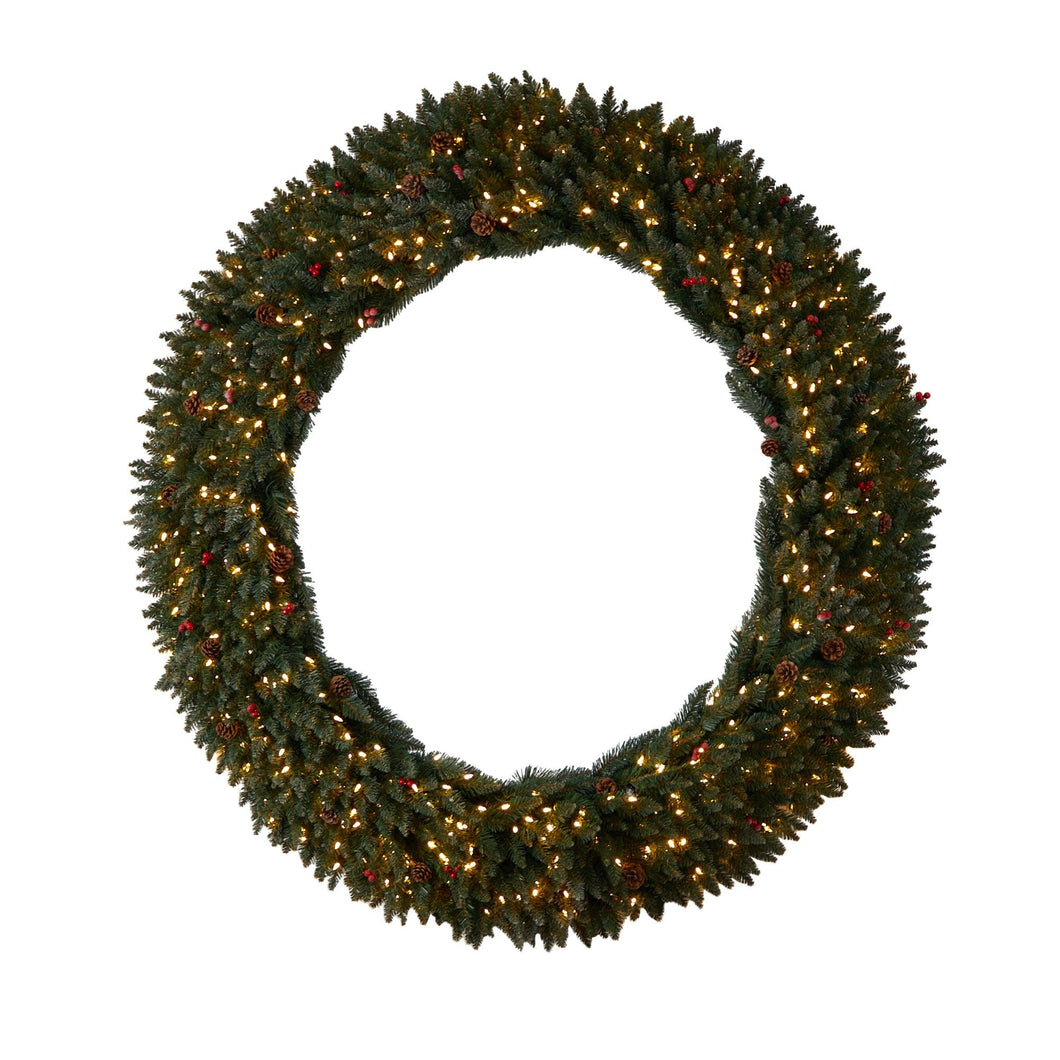 6' Large Flocked Wreath with Pinecones, Berries, 600 Clear LED Lights and 1080 Bendable Branches - zzhomelifestyle
