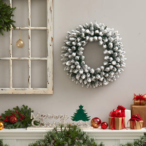 24" Flocked Artificial Christmas Wreath with 160 Bendable Branches and 35 Warm White LED Lights - zzhomelifestyle