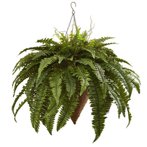 26" Artificial Giant Boston Fern with Cone Hanging Basket - zzhomelifestyle