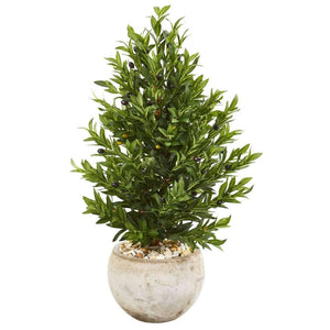 3’ Olive Cone Topiary Artificial Tree in Sand Stone Planter UV Resistant (Indoor/Outdoor) - zzhomelifestyle