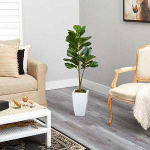 4’ Fiddle Leaf Fig Artificial Tree in White Metal Planter - zzhomelifestyle