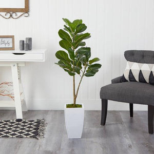 4’ Fiddle Leaf Fig Artificial Tree in White Metal Planter - zzhomelifestyle
