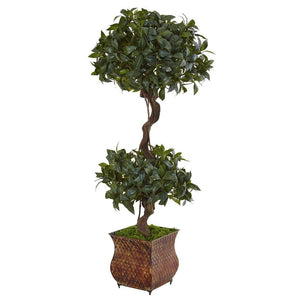 4.5’ Sweet Bay Double Topiary Tree in Metal Planter - zzhomelifestyle