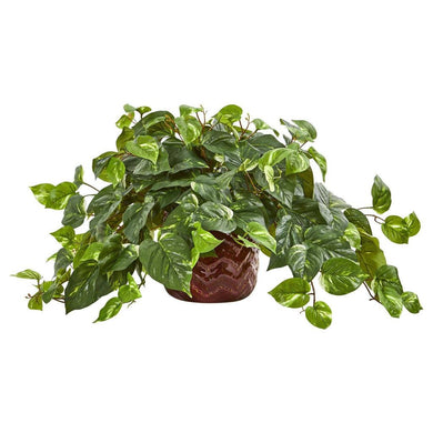 Pothos Artificial Plant in Design Red Vase - zzhomelifestyle
