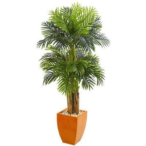 Triple Areca Palm Artificial Tree in Orange Planter - zzhomelifestyle